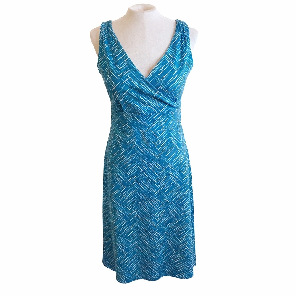 Eddie Bauer Travex Teal Blue Geometric Dot Surplice V-Neck Travel Dress Womens M
